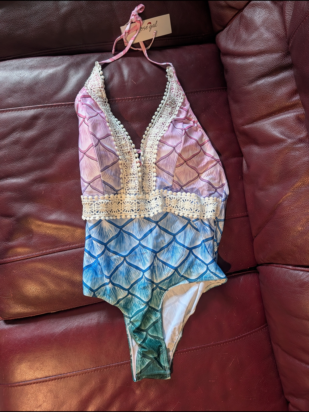 Rosegal Pink Purple Blue Ombre Crochet Lace One-Piece Swimsuit